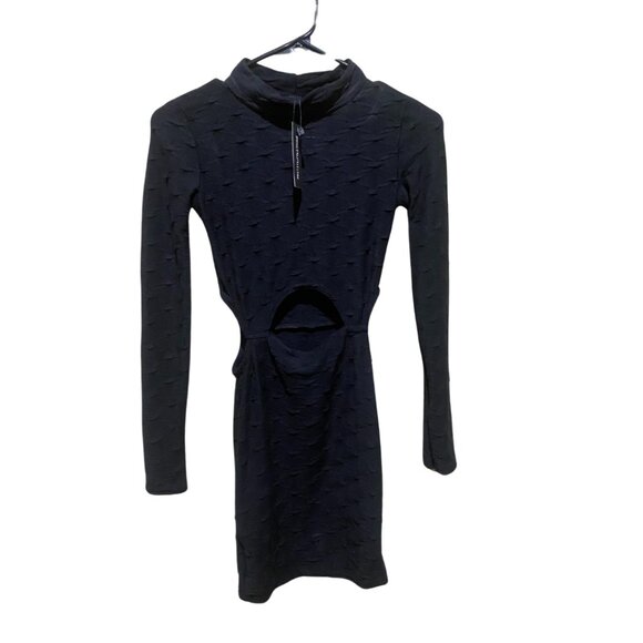 NWT | PrettyLittleThing | Black Textured Long Sleeve Cut Out Mini Dress, Size 0 - Picture 5 of 7